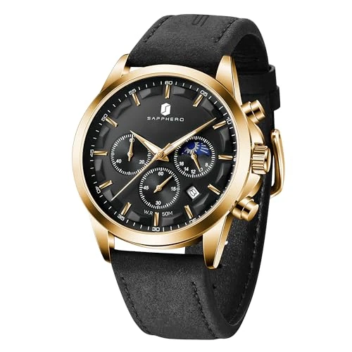 BENYAR By Men's Watch Chronograph Waterproof Luminous Date Large Dial Classic Business Fashion Analogue Quartz Watches Elegant Gift for Men, Gold Black/Black Lstrap, Lanyard