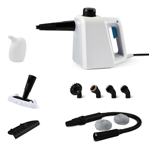 Amazon Basics Nettoyeur à Vapeur Portatif pour la Maison avec 9 Accessoires, Puissant Jet de Vapeur de 1 000W, Réservoir de 250ml, Blanc