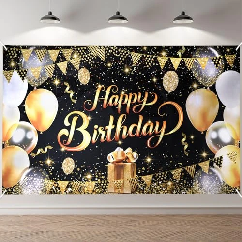 ANOMM baner na urodziny w kolorze czarno-złotym, baner "Happy Birthday", dekoracja na urodziny do wnętrz i na zewnątrz, bardzo duży baner na imprezę urodzinową (180 x 110 cm)