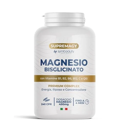 Offerta a tempo: SUPREMAGY MAGNESIO BISGLICINATO 450mg (Fornitura 4 Mesi) 240 CPR - Magnesio Completo | Vitamina B12, B1, B2, B6, C e Coenzima Q10 | Integratore Stanchezza Fisica e Mentale - Vegano e Made in Italy - 22% da 19.99 € a 15.65 €