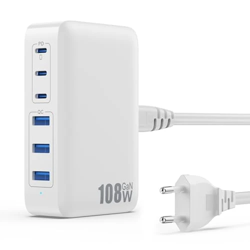 108 W USB C Charger Multiple, 6 Ports GaN III Fast Charger Charging Station with 3 PD + 3 QC Charger Station, Charger USB Hub C Power Supply for iPhone 16/15 Airpod iPad Sumsung Switch etc