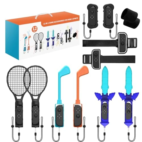 Ertisa 12 in 1 Switch 2 Sports Accessories Set for N-S Switch 2 Sports Game, 2025 Somatosensory Bundle Switch 2 Family Game Pack with Golf Clubs, Tennis Rackets, Fencing, Bands, Controller Grips