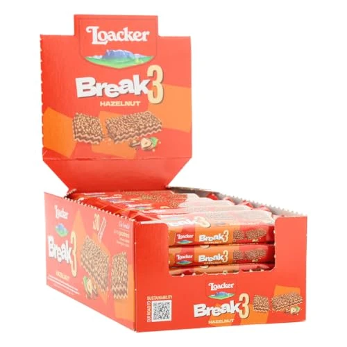 Offerta a tempo: Loacker, Break3, Barrette con Crema alle Nocciole 100% Italiane e Ripieno di Friabili Cialde Crispies, Snack Croccante e Gustoso, Formato Convenienza, Confezione Display da 30 Barrette Monoporzione - 22% da 24.99 € a 19.38 €