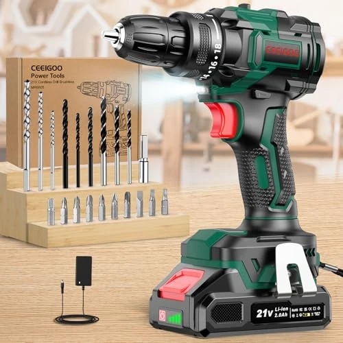 Limited offer: CEEIGOO Cordless Drill Brushless, Electric Drill 21V with 2×2000mAh Batteries, 42N.m Max Torque, PowerDrill with 18+1 Position & 2 Speed, LED Light, 14PCS Accessories for Home and Garden DIY Project from 66.20 EUR to 48.99 EUR (save 26%)