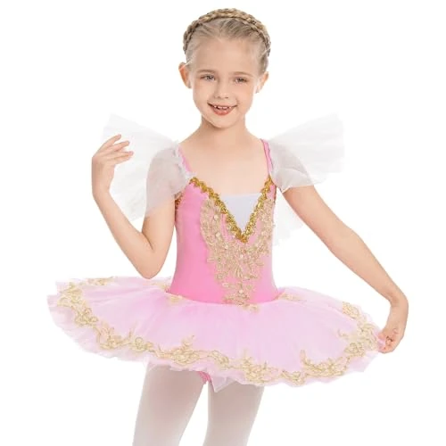 IWEMEK Balletkleding voor meisjes, balletjurk, mouwloos, kant, geborduurde tutu, rok, dancewear, balletpak, gymnastiek, dansjurk, roze, 11-12 Jaar