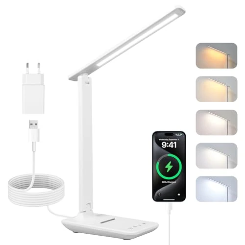 Offerta a tempo: Carehabi Lampada da scrivania a LED, dimmerabile, lampada da tavolo a LED con 5 colori e 5 livelli di luminosità, lampada da lettura con porta di ricarica USB, controllo touch per bambini, camera da - 12% da 20.99 € a 18.51 €