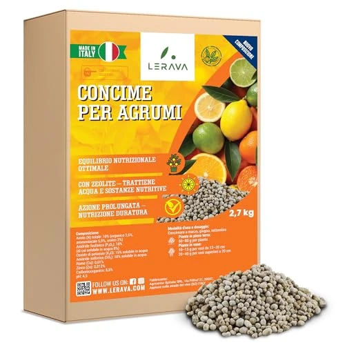 LERAVA Fertilizzante agrume organo-minerale - 2,7 kg - limone in vaso per uno sviluppo vigoroso e gustoso degli agrumi, con tappo dispenser - 100% Made in Italy