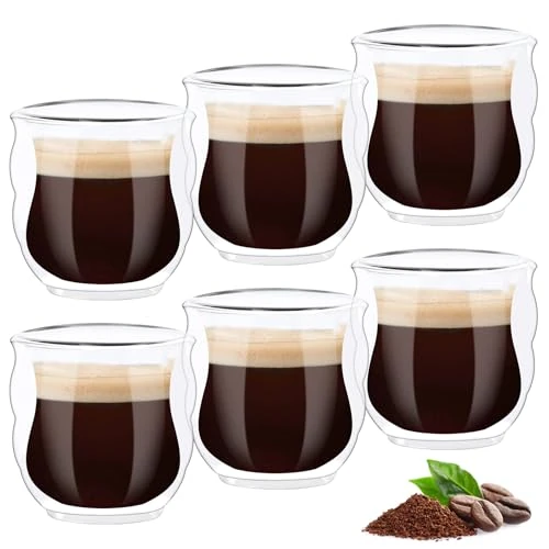 Lot de 6 Tasse Double Paroi 80ml Tasse en Verre Double Paroi Tasse a Cafe Transparente Tasse Expresso Double Paroi Verre Latte Macchiato Tasses à Café pour Latte Cappuccino Whisky Eau