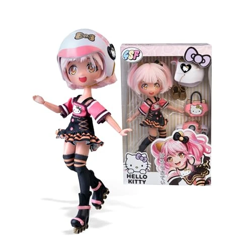 4SF Hello Kitty Golden Diva Roller, Japanse Fashion Skaterin-pop met accessoires, 19,5 cm figuur met 15 gewrichtspunten, helm, tas, muziekuitrusting en laarsjes, beroemd (HKTF1000)