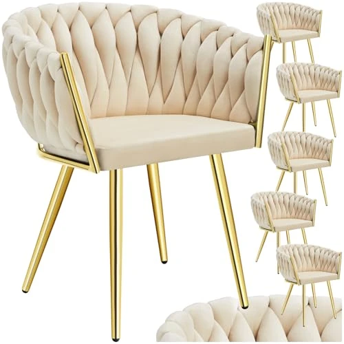 Offerta a tempo: tectake® Set di 6 Sedie da Pranzo con Braccioli, Sedie Soggiorno in Velluto Extra Fine, Design Elegante a Nodo, Poltrone Velluto con Morbida Imbottitura, Sedie per Sala da Pranzo Versatili -Sabbia/Oro - 24% da 622.99 € a 473.69 €