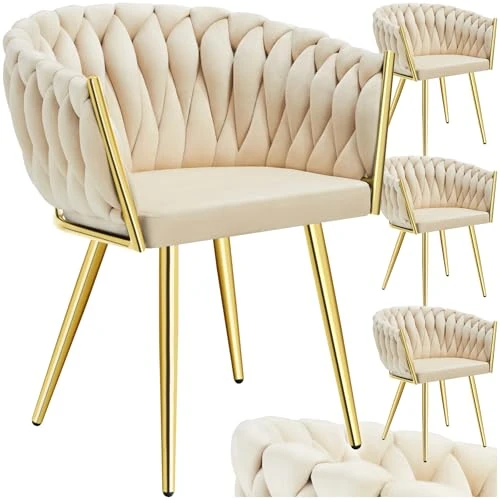 Offerta a tempo: tectake® Set di 4 Sedie da Pranzo con Braccioli, Sedie Soggiorno in Velluto Extra Fine, Design Elegante a Nodo, Poltrone Velluto con Morbida Imbottitura, Sedie per Sala da Pranzo Versatili -Sabbia/Oro - 24% da 416.99 € a 317.09 €