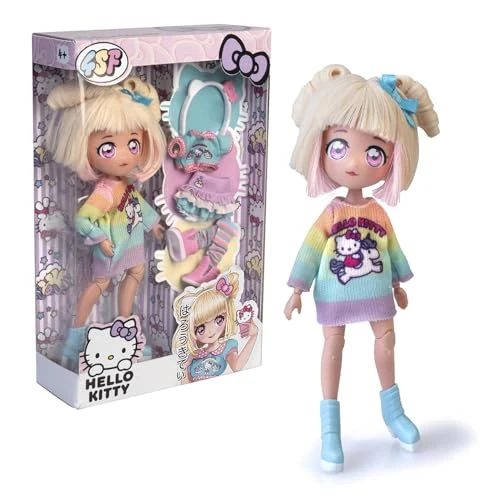 Hello Kitty Manga Fashion Unicorns, Japanse modepop met extra outfit, 19,5 cm figuur met 15 gewrichtspunten, inclusief Ra-Ra-rok, manchetten en haarband met oren, beroemd (HKTF2000)