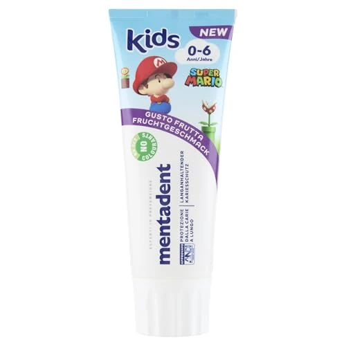 Mentadent Pasta de dientes Kids, pasta de dientes para niños de 0 a 6 años, sabor a fruta, con tecnología de remineralización, protección contra karie, ideal para dientes de leche, 97% ingredientes de