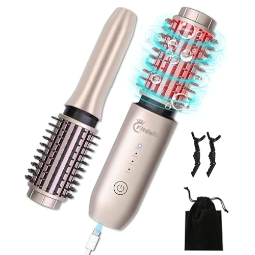 Fitdafit Bezprzewodowa lokówka do włosów, na gorące powietrze, przenośna lokówka 3 w 1, szczotka termiczna 3 w 1, mini szczotka podróżna, ładowana przez USB (złota)