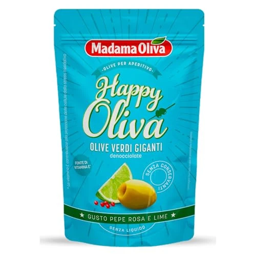 Offerta a tempo: Madama Oliva Olive Verdi Giganti Denocciolate 80g, Varietà Halkidiki, Gusto Lime e Pepe Rosa, Lavorazione Sivigliana, Senza Conservanti, Atmosfera Protettiva, Pratiche Bustine Easy Open - 0.00% da 1.98 € a 1.98 €