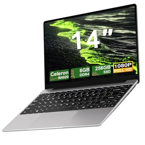 Laptop 14 Zoll Win11 Notebook 6 GB 256 GB SSD Erweiterungen 1 TB, Laptop mit CPU N4020 bis zu 2,8 GHz, -Grau