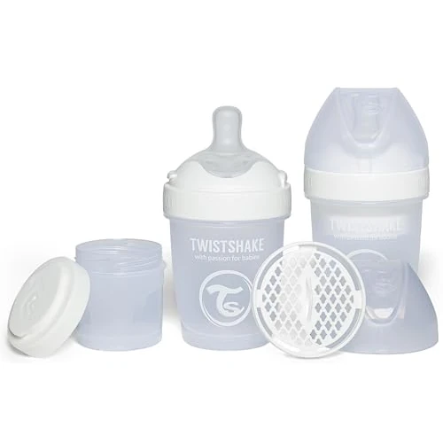 Twistshake 2x Pro Double Biberón Anticólicos con Recipiente para Leche en Polvo - 180 ml | Pezón de Silicona de Flujo Lento con Forma de Seno | Sin BPA | Adecuado para Bebés Recién Nacidos | Blanco
