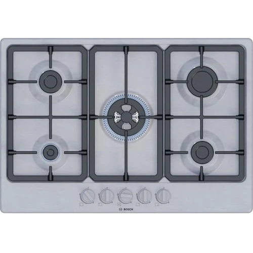 Offerta a tempo: Bosch PGQ7B5K90 Serie 4, Piano cottura a gas, Bruciatore WOK: potenza fino a 3.3 kW, griglie in ghisa, Acciaio, 75 cm, Inox — 29% da 329,00 € a 233,99 €