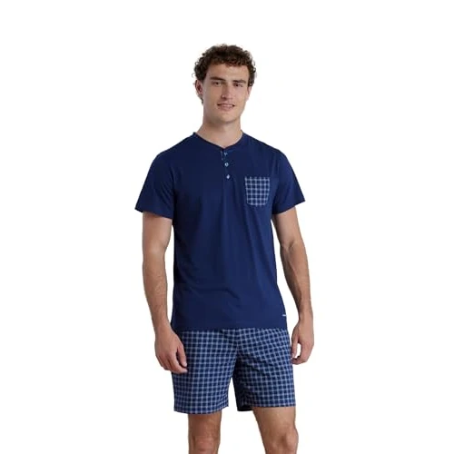 Offre limitée : NOIDINOTTE - Pyjama Homme en Coton, Haut à Manches Courtes et Short, modèle Timeless - S Bleu de 33.90 € à 33.90 € (0.0% de remise)