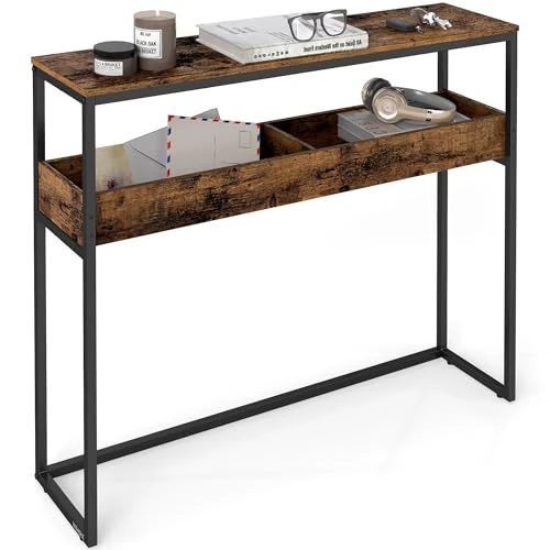 VASAGLE Table d'Entrée, Meuble Console, Bout de Canapé Étroit sur 2 Niveaux, avec Compartiments Semi-Ouverts, 24 x 100 x 80 cm, pour Entrée, Salon, Marron Rustique et Noir d'encre LNT091K01