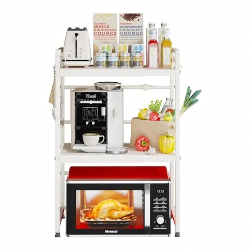 Offerta a tempo: Mointal Scaffale Espandibile per Microonde, Supporto per Microonde da Cucina a 3 Livelli, Porta Microonde da Banco in Acciaio al Carbonio, Organizzatore di Stoccaggio da Cucina con 8 Ganci, Bianco - 31% da 60.99 € a 41.79 €