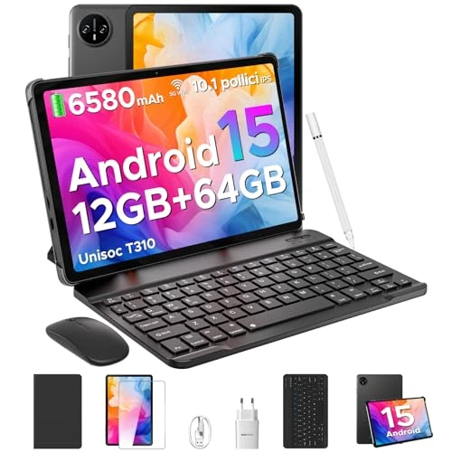 DOOGEE Tab A9 Tablet 10 Zoll Android 15, Tablet mit Tastatur/Stift/Maus/Hülle, 12GB RAM+64GB ROM(TF 2TB), 6580mAh, Unisoc T310, Dual Speaker, 5G WiFi, HD IPS Display, 8MP, GMS, BT5.0, 3.5mm, Face ID