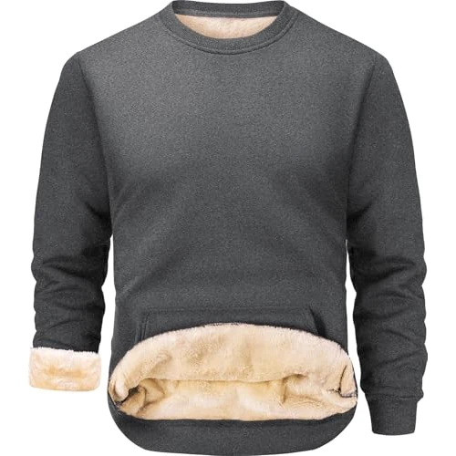 Peakwell Męskie bluzy z podszewką polarową, ciepły zimowy sweter z długim rękawem, okrągły dekolt, sweter termiczny z kieszenią, ciemnoszary, XL