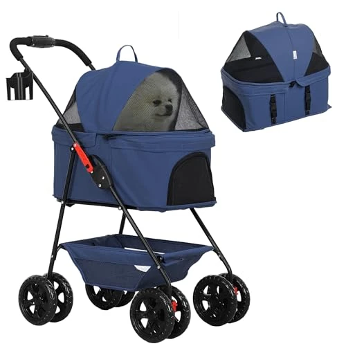 Offre limitée : PawHut Poussette pour chiens 3 en 1 jusqu'à 4 kg, chariot pliable avec sac de transport et panier inférieur, poussette pour petits chiens et chats avec laisse et porte-gobelets, bleu de 67.95 € à 67.95 € (0.0% de remise)