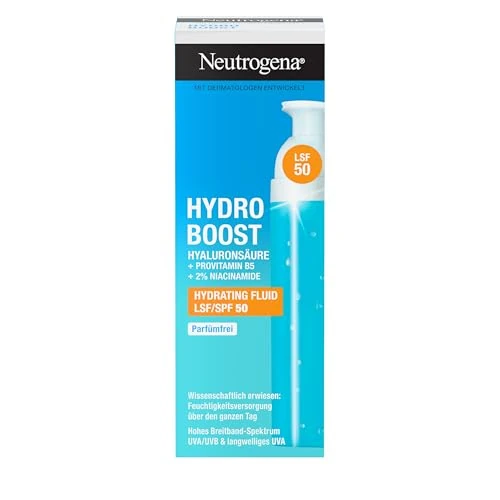 Zeitlich begrenztes Angebot: Neutrogena Hydro Boost Aqua Fluid LSF 50 50 ml, parfümfreie Tagescreme mit LSF 50, leichte Gesichtspflege mit Hyaluronsäure, Vitamin B5 und Niacinamid für intensive Feuchtigkeit von 12.99 € auf 8.99 € (31% Rabatt)