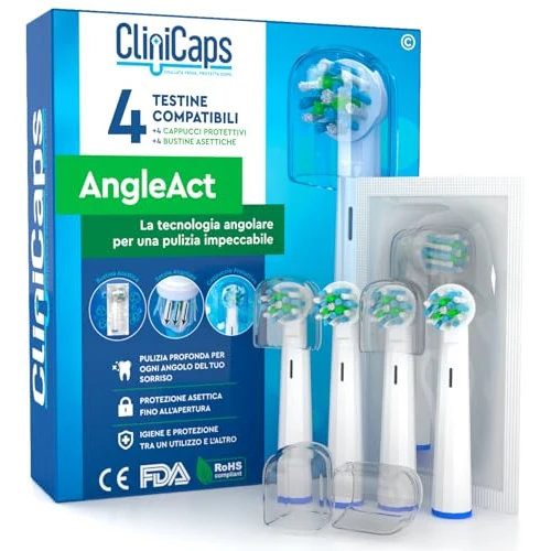 Offerta a tempo: 4 Testine Spazzolino Elettrico per Pulizia Profonda Compatibile con Oral-B | CliniCaps AngleAct Setole Angolate Doppia Protezione Bustina Asettica e Cappuccio Protettivo - 36% da 9.99 € a 6.39 €