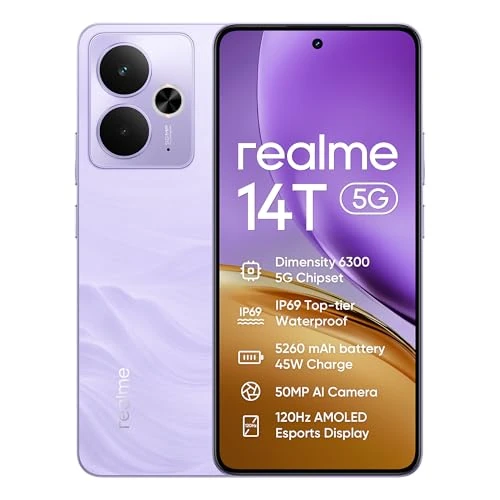 Offerta a tempo: Smartphone realme 14T 5g, 8+256GB,batteria 5260 mAh,Processore Dimensity 6300, IP69, display 120Hz,Fotocamera AI da 50MP, Lightning Purple, esclusiva Amazon(Nessun adattatore) — 33% da 299,99 € a 202,00 €
