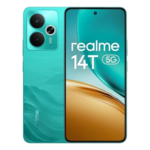realme Smartphone 14T 5G, 8+256GB,batteria 5130 mAh,Processore Dimensity 6300, IP69, display 120Hz,Fotocamera AI da 50MP, Surf Verde, esclusiva Amazon Nessun adattatore , 8+256 GB, Solo Smartphone