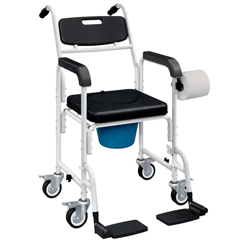 HOMCOM Fauteuil roulant 4-en-1 imperméable pour WC, chaise de toilette confortable pour personnes âgées et handicapées avec roues, frein et porte-rouleau, chaise de bain-douche avec repose-pieds et