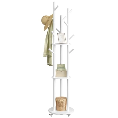 VASAGLE Freestanding Coat Rack Stand, Coat Tree with 11 Hooks, 3 Shelves, 4 Removable Wheels, for Hallway, Bedroom, Living Room, Cloud White RCR023W01