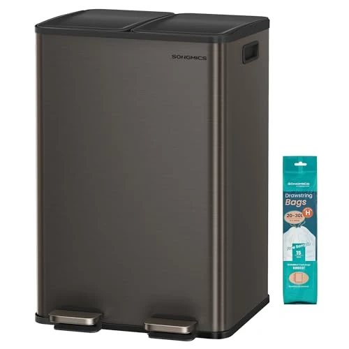 SONGMICS Keukenprullenbak, 2 x 30 liter, 2 compartimenten, afvalbak, pedaalemmer, keukenprullenbak met soft-close deksel en binnenemmer, roestvrij staal, inclusief 15 vuilniszakken, leigrijs LTB741G01