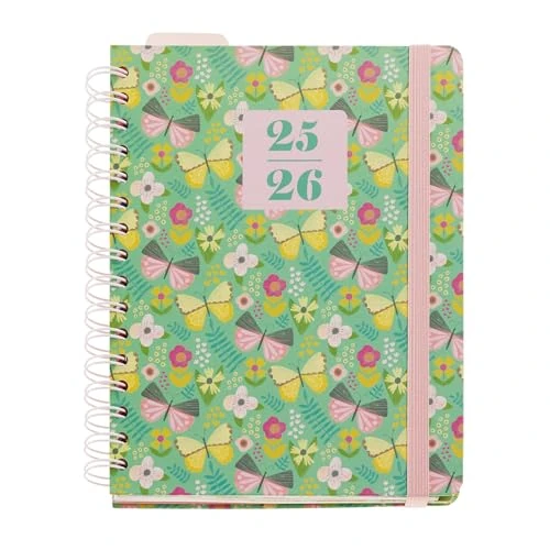 Miquelrius - Kalendarz szkolny 25-26, wrzesień 2025 do sierpnia 2026, rozmiar 170 x 218 mm, strona dnia, wiązanie drutowe, zamknięcie gumowe, wielojęzyczne, naklejki, ekskluzywny projekt Anne Lehman