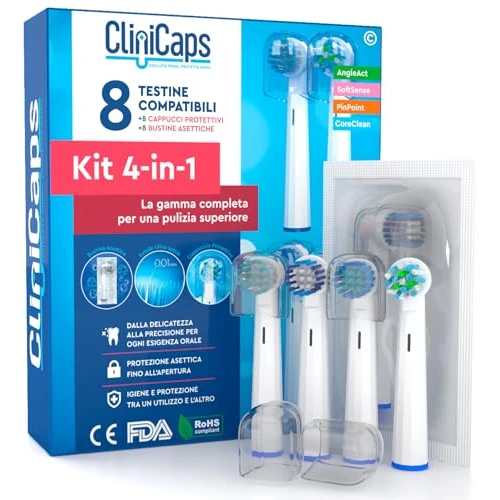 Tijdelijke aanbieding: 8 Opzetborstels Koppen voor Elektrische Tandenborstel Borstelharen Compatibel met Oral-B - CliniCaps Kit met 2 AngleAct 2 CoreClean 2 PinPoint 2 SoftSense met Aseptisch Zakje en Beschermkapje van 14.99 € naar 14.99 € (0.00% korting)