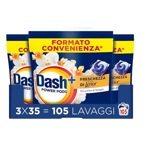 Offerta a tempo: Dash Power Pods Detersivo Lavatrice In Capsule, 105 Lavaggi(3x35), Freschezza Di Lenor, Oro e Fiori di Vaniglia, Freschezza che dura 7 Giorni, Pulizia Impeccabile - 27% da 48.99 € a 35.99 €