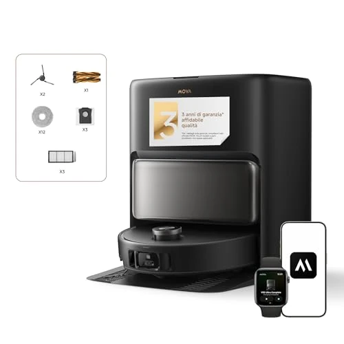 Mova V50 Ultra Complete Robot Aspirapolvere e Lavapavimenti, Potenza di Aspirazione da 24.000 Pa, con Svuotamento Automatico, Lavaggio Termico con Sistema Aoppia Soluzione, Sistema StepMaster, Nero