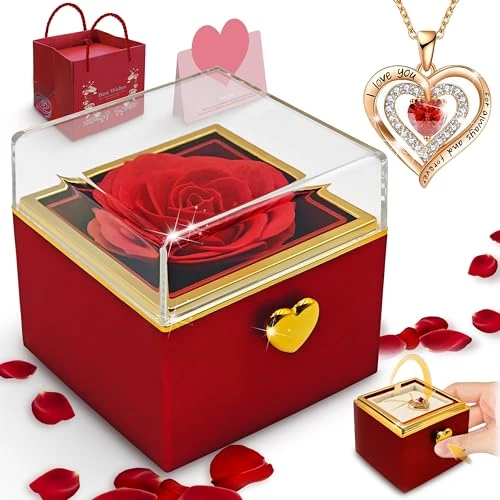 auvstar Rose Eternelle,Rose Eternel avec Collier Femme,Coffret Saint Valentin,Fleur Eternelle,Coffret Cadeau Femme avec des Boutons,Cadeau Saint Valentin Femme,Cadeau Fete des Grand Mere (RR)