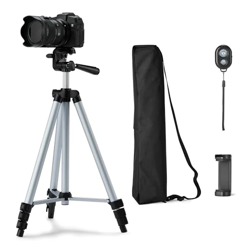 Amazon Basics - Treppiede per Telefono e Fotocamera DSLR 127cm, Leggero, con Borsa, Telecomando Wireless e Supporto per Telefono, Altezza Regolabile, Argento