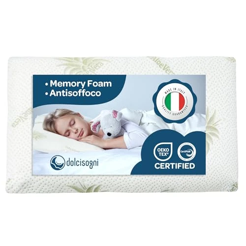 DOLCI SOGNI Anti-suffocation Baby Cot, 60 x 40 cm, 6 cm Thickness, OEKO-TEX® and CertiPUR™ Pillow for Kindergarten, for Children, Aloe Model, Travel, 100% Made in Italy