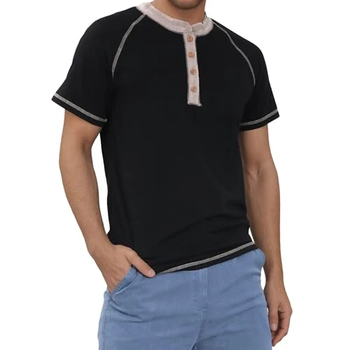 BWBIKE Męska koszulka Henley z krótkim rękawem - klasyczny letni top na co dzień z guzikami, oddychająca koszulka na siłownię, codzienna elegancka koszulka na co dzień, czarne, XXL