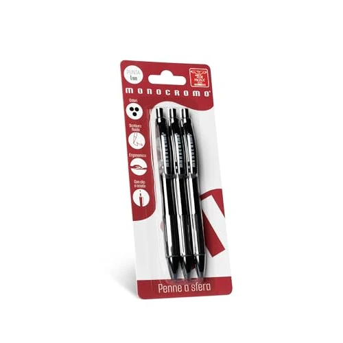 Pigna, einfarbiger Kugelschreiber mit Klickmechanismus, 3er-Blisterpackung, schwarze Tinte, flüssiger Schreibzug, ideal für Schule und Büro
