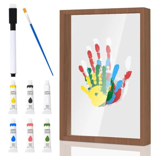 Lot de 4 cadres photo pour empreintes de main de bébé - Avec espace pour 4 couleurs de doigts - Non toxique - Cadeau DIY - Décoration pour chambre de bébé et enfant (marron)