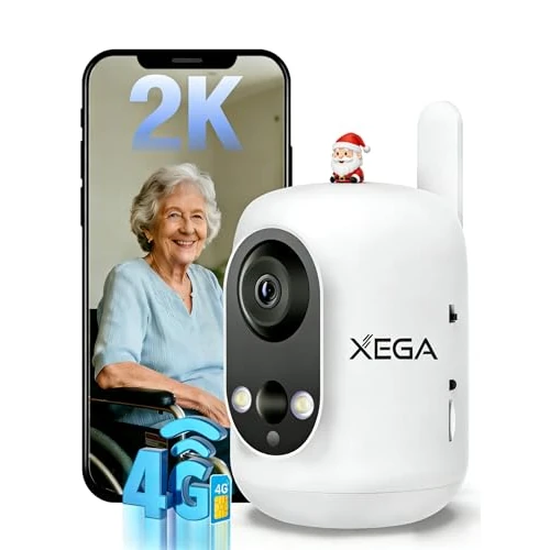 Xega Komórkowa kamera bezpieczeństwa 4G LTE, wewnętrzna bezprzewodowa, 2K bez kamery WiFi dla niemowląt/zwierząt domowych / osób starszych z aplikacją na telefon, 355°P/60°T, bateria 6000 mAh