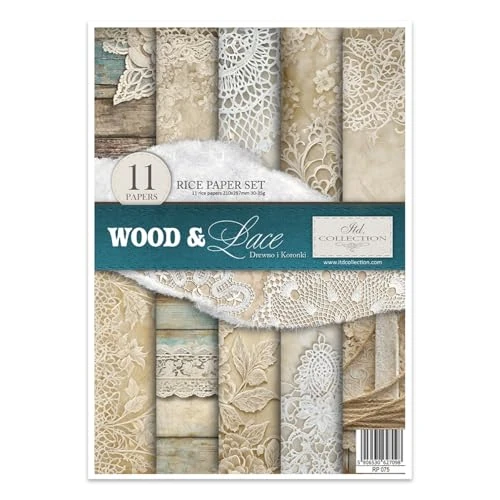 ITD Collection - Reispapier Decopatch - Decoupage Papier - Motivpapier für Serviettentechnik - Rice Paper Sheets - A4 29,7 x 21 cm - Wood & Lace - RP-075
