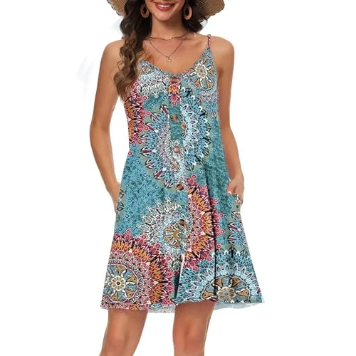 Offre limitée : Koerye Robe D'été Femme Bretelles Spaghetti de Plage Robes Boutonné Col en V Décontracté Courte Plage Robe avec Poches Bleu,M de 16.99 € à 10.44 € (39% de remise)