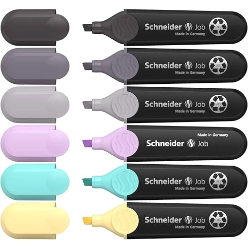 Schneider Job 150 evidenziatori pastello con sfumature di grigio (in plastica riciclata, premiato con l'angelo blu), confezione da 6 pezzi, colori assortiti, turchese, lilla, vaniglia, grigio tortora,