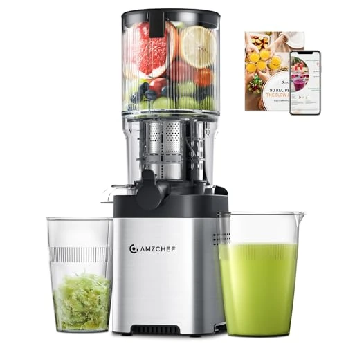 AMZCHEF Juicer, testwinnaar van 200 W, roestvrij staal, slowjuicer, 126 mm opening voor groenten/hele fruit, anti-druppeldesign, 0,5-1 l, montage in 3 stappen, ideaal voor citroen, boerenkool,
